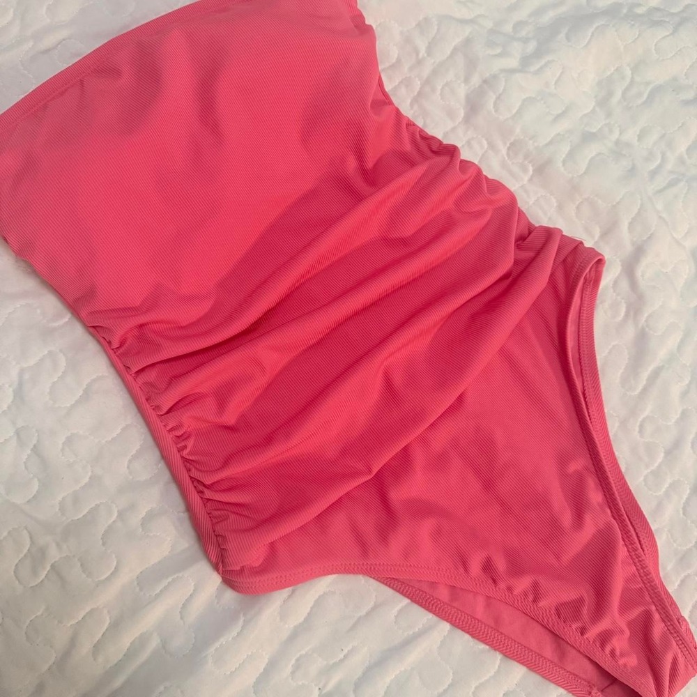 Women Small One Piece Swimsuit Pink Ribbed Ruched TUBE HIGH CUT MOM TRENDY BEACH